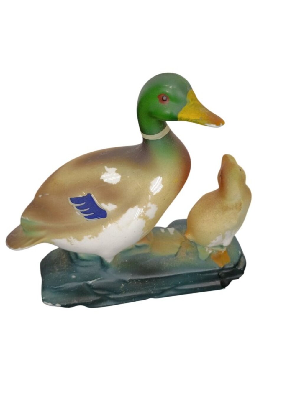 Vintage Ceramic Mallard Duck & Duckling Figurine Hand-Painted Rustic Decor Piece